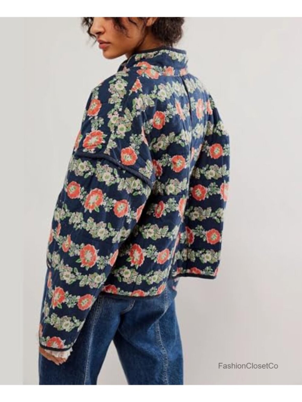 Vintage Quilted Cropped Puffer Jacket Stand Collar Contrast Trim Lightweight - Picture 2 of 6